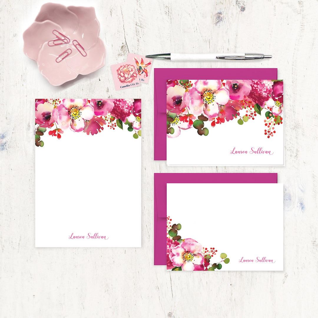 Complete Personalized Stationery Set - BLUSHING PINK WATERCOLOR Flowers ...