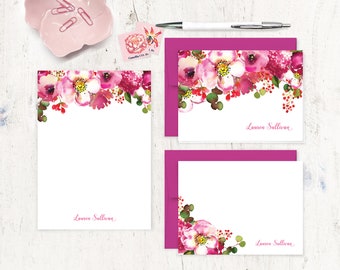 complete personalized stationery set - BLUSHING PINK WATERCOLOR Flowers - pretty floral women gift - note cards and notepad stationary set