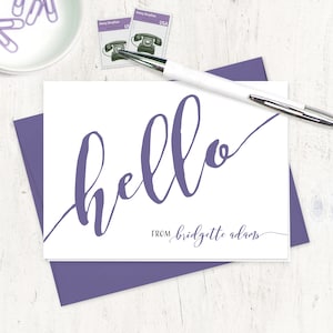 personalized stationery set - CALLIGRAPHY HELLO - feminine stationery gift for her custom couples gift family - folded note cards set of 8
