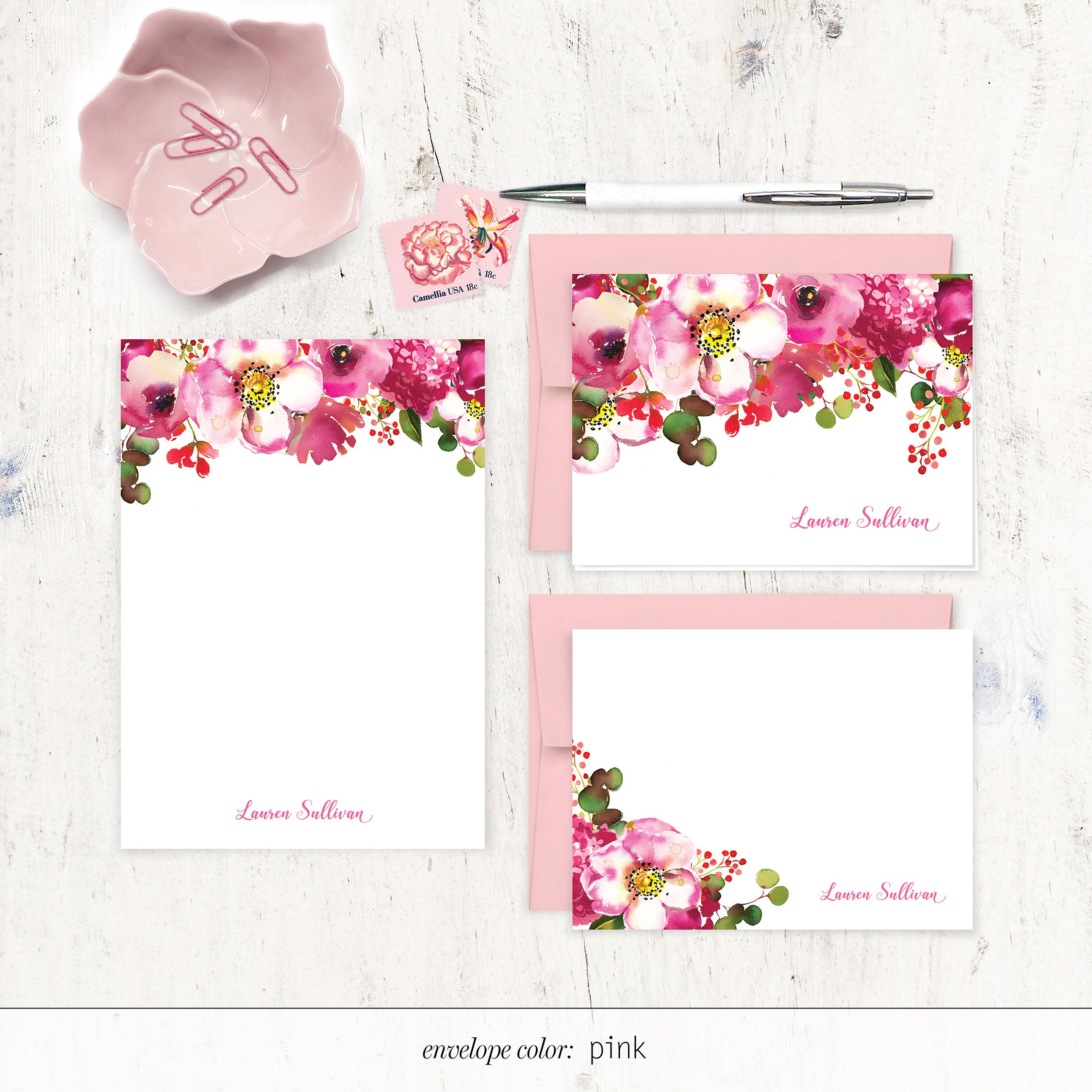 Complete Personalized Stationery Set - BLUSHING PINK WATERCOLOR Flowers ...
