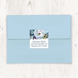 personalized return address LABEL - BLUE and AUBERGINE Watercolor Flowers - sticker square label custom - set of 48 labels