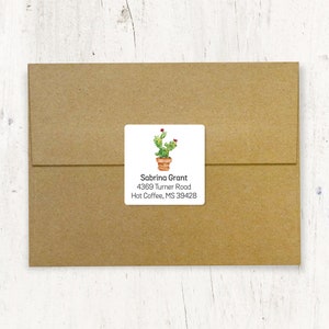 personalized return address LABEL - Watercolor CACTUS Houseplant in Terracotta Planter - custom boho label square sticker - set of 48 labels