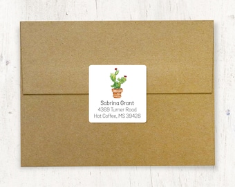 personalized return address LABEL - Watercolor CACTUS Houseplant in Terracotta Planter - custom boho label square sticker - set of 48 labels