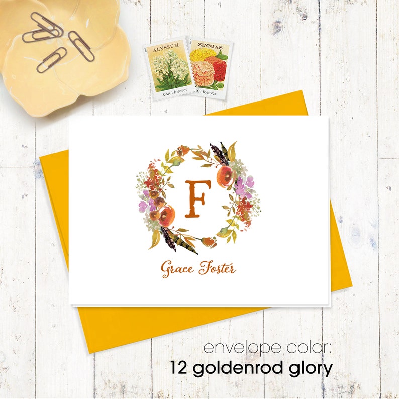 AUTUMN GARDEN Watercolor Floral Wreath MONOGRAM set of 8 folded cards personalized stationery set fall wreath cards stationary