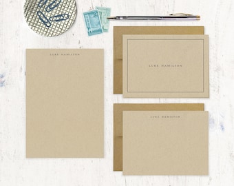 complete personalized stationery set - PERFECTLY SIMPLE on KRAFT - custom men&#39;s classic recycled - note cards and notepad stationary set
