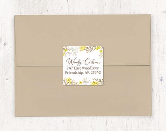 personalized return address LABEL - YELLOW FLOWER Fields - floral sticker square label custom - set of 48 labels