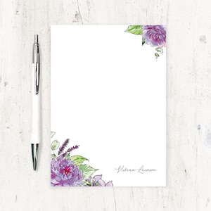 personalized notePAD - VIVIAN'S PURPLE GARDEN Watercolor Flowers - flower stationery nature lotus stationary letter writing - 50 sheet pad