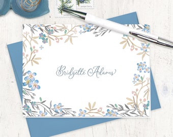 personalized stationery set - BLUE FLOWER FIELDS - watercolor pretty botanical stationary floral nature cards - folded note cards set of 8