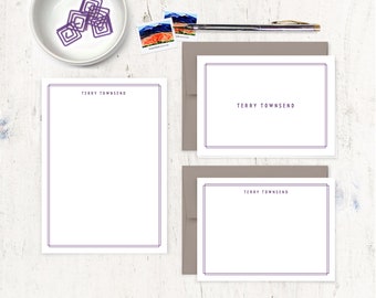 complete personalized stationery set - DOUBLE BORDER UPPERCASE - business stationary mens masculine - note cards and notepad stationary set