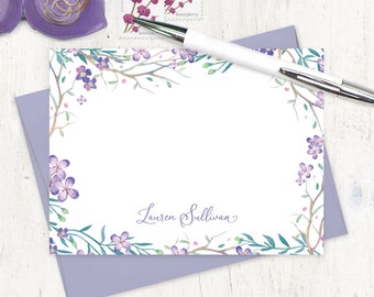 personalized note card set - PURPLE FLOWER FIELDS - botanical stationery pretty floral watercolor stationary - flat note cards set of 12