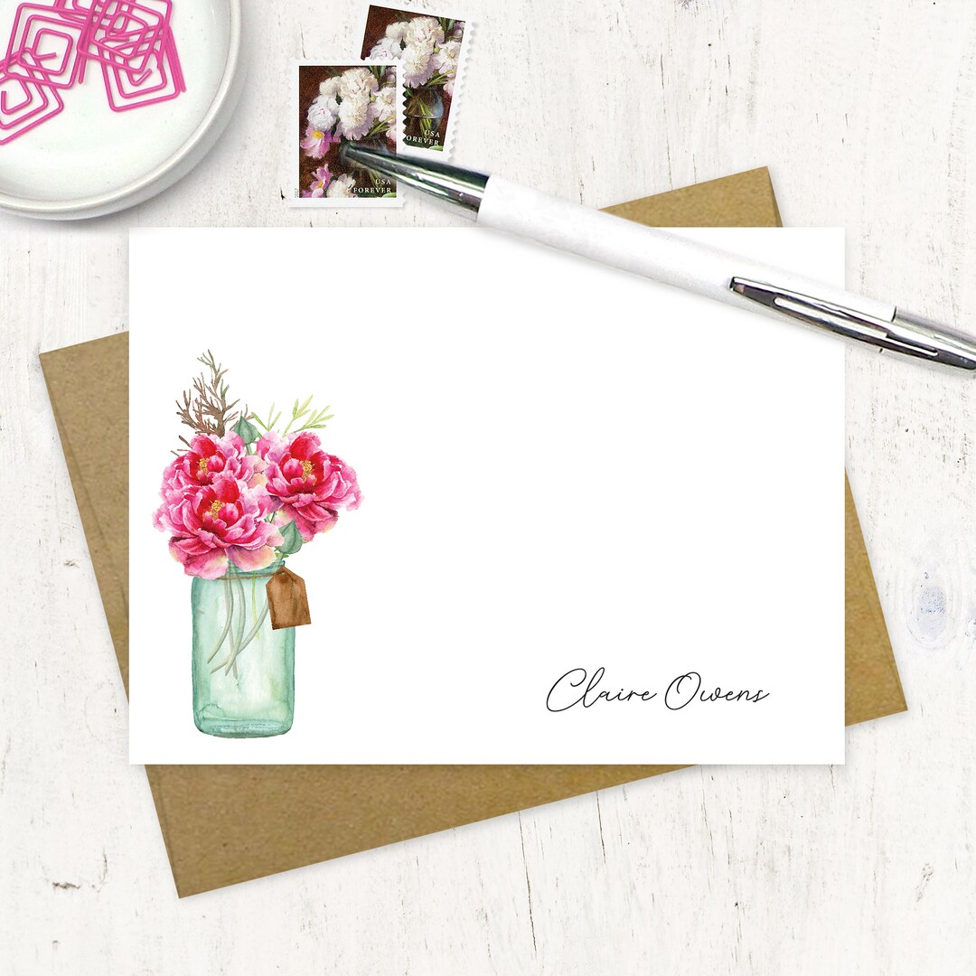 Personalized Note Card Set - WATERCOLOR PEONIES in JAR - Floral Peony ...