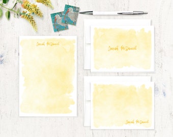complete personalized stationery set - YELLOW WATERCOLOR WASH - pretty notes colorful baby - note cards and notepad stationary gift set