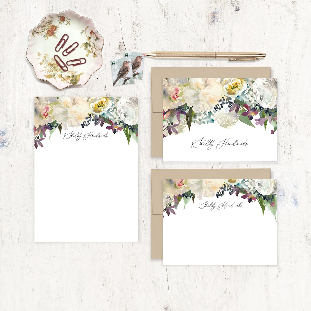 Complete Personalized Stationery Set - WINTER WHITE WATERCOLOR Flowers ...