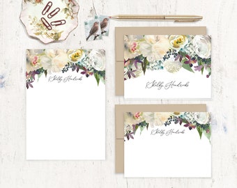 complete personalized stationery set - WINTER WHITE WATERCOLOR Flowers - pretty floral nature - note cards and notepad stationary gift set