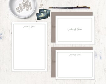 complete personalized stationery set - DOUBLE BORDER SCRIPT - business stationary classy feminine - folded/flat cards and notepad gift set