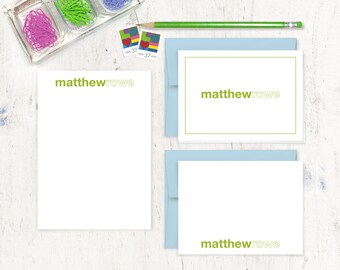 complete personalized stationery set - LAST NAME OUTLINE - personalized stationary - note cards - notepad - kids stationery