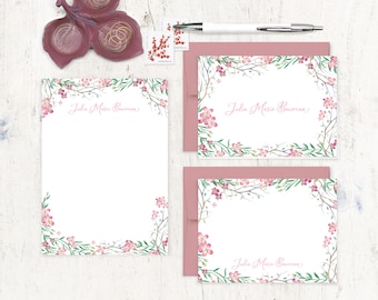 complete personalized stationery set - PINK FLOWER FIELDS - floral watercolor garden nature pretty - note cards and notepad stationary set