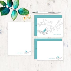 complete personalized stationery set - MODERN BIRD on BRANCH - birdwatcher stationary set ornithologist gift nature - note cards and notepad