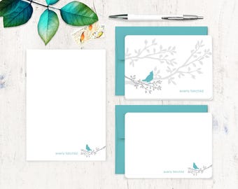 complete personalized stationery set - MODERN BIRD on BRANCH - birdwatcher stationary set ornithologist gift nature - note cards and notepad