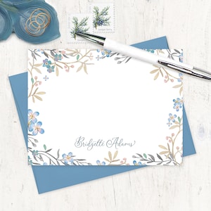 personalized note card set - BLUE FLOWER FIELDS - pretty floral cards feminine nature watercolor stationery - flat note cards set of 12