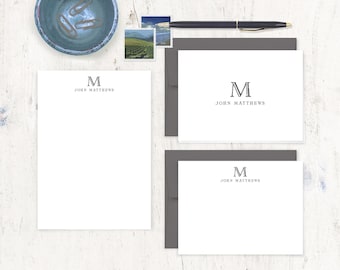 complete personalized stationery set - ROUGHLY ENGRAVED MONOGRAM - monogrammed stationary - folded/flat cards and notepad custom gift set
