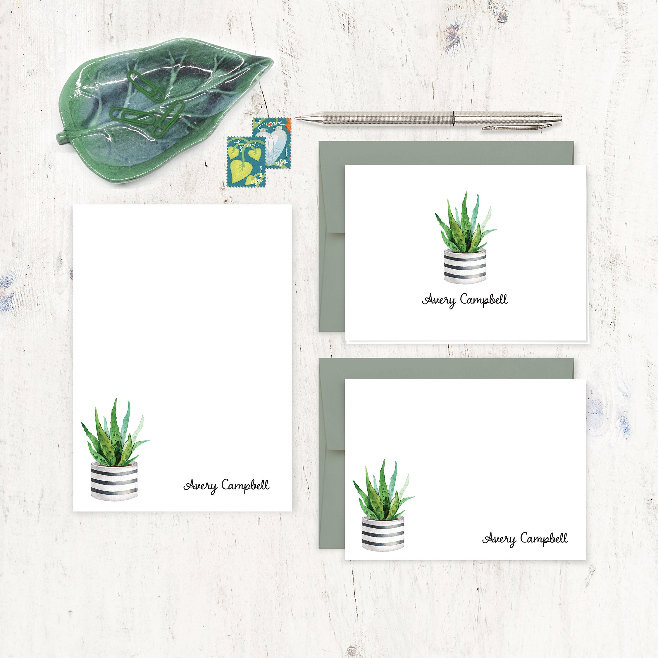 complete personalized stationery set - Watercolor ALOE VERA Houseplant in Striped Planter - note cards and notepad stationary gift set