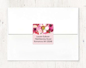 personalized return address LABEL - BLUSHING PINK Watercolor Flowers - custom sticker square label - set of 48 labels