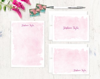 complete personalized stationery set - PINK WATERCOLOR WASH - pretty artsy feminine girl - note cards and notepad stationary gift set