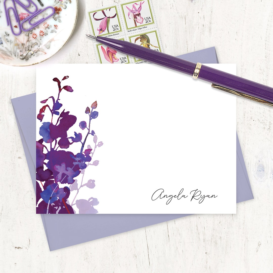 Personalized Note Card Set - PURPLE WATERCOLOR ORCHID - Custom ...