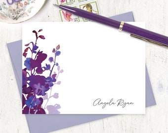 personalized note card set - PURPLE WATERCOLOR ORCHID - custom stationery flower stationary purple envelope - flat note cards set of 12