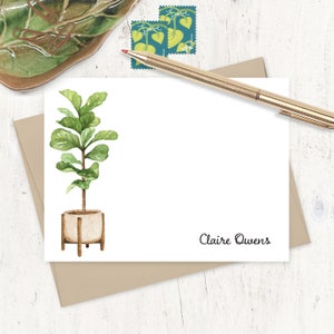 personalized note card set - Watercolor FIDDLE LEAF FIG Houseplant in Boho Planter - stationary bohemian plant nature - flat cards set of 12