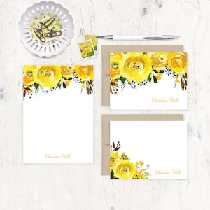 complete personalized stationery set - SUNNY YELLOW WATERCOLOR Roses - stationary set - folded and flat note cards - notepad - yellow flower