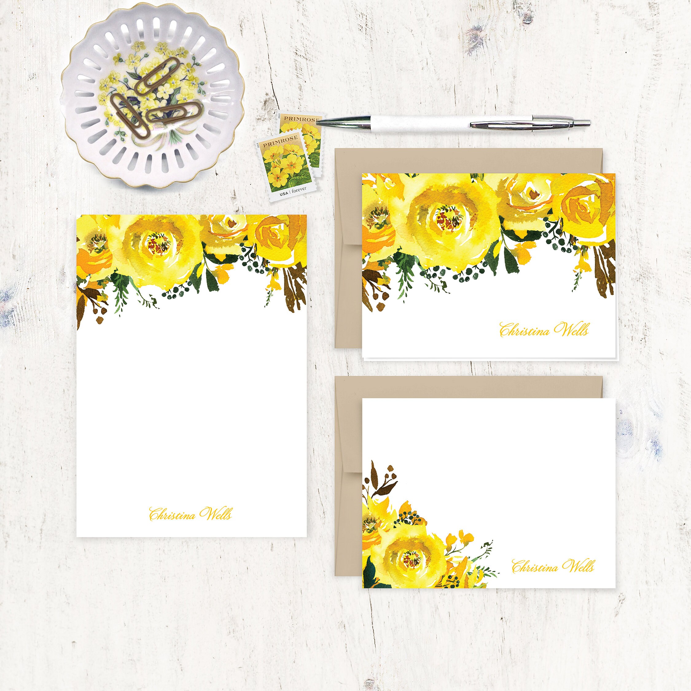 complete personalized stationery set - SUNNY YELLOW WATERCOLOR Roses - stationary set - folded and flat note cards - notepad - yellow flower