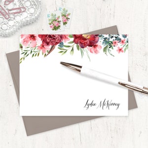 personalized note card set - LYDIA&#39;S GARDEN Watercolor Flowers - burgundy stationery pink floral stationary - flat note cards set of 12