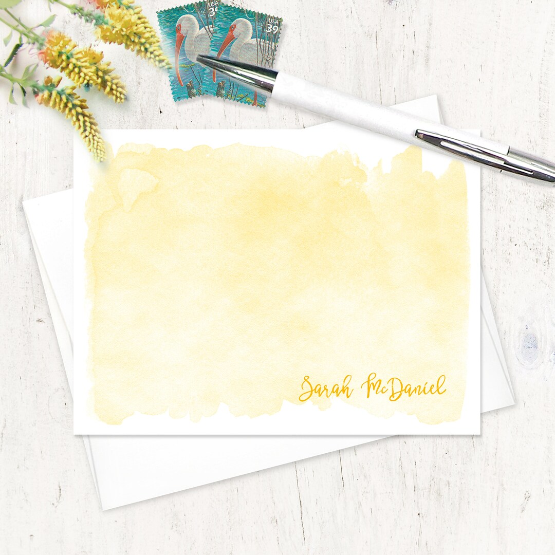 Personalized Note Card Set - YELLOW WATERCOLOR WASH - Custom Stationery ...