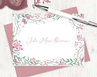 personalized stationery set - PINK FLOWER FIELDS - pretty floral stationary watercolor botanical nature cards - folded note cards set of 8