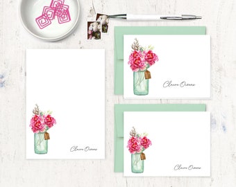 complete personalized stationery set - WATERCOLOR PEONIES in JAR - peony flowers gift set for her - note cards and notepad stationary set