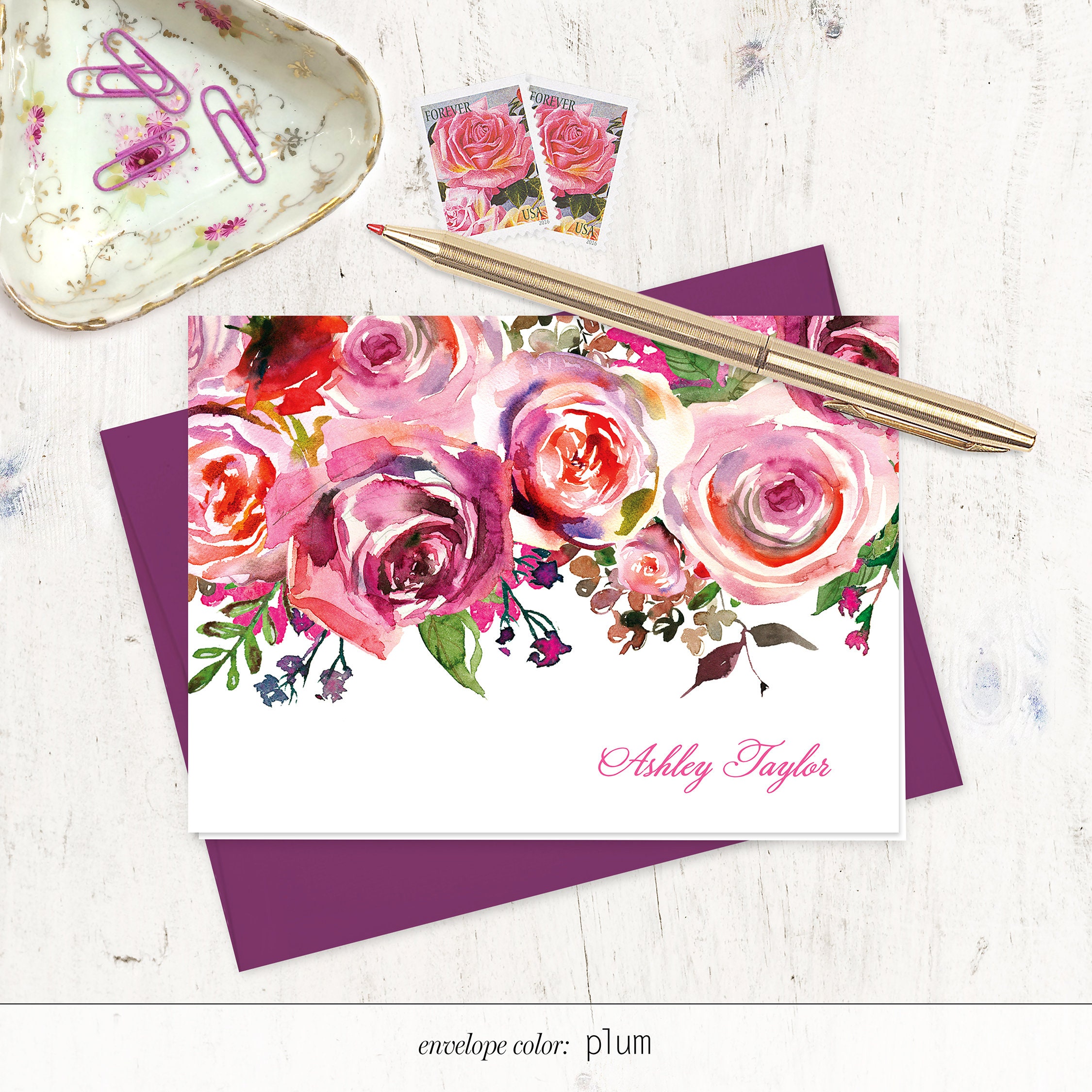Personalized Stationery Set - PINK WATERCOLOR ROSES - Floral Cards ...