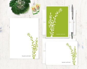 personalized stationery set - LEAFY STEM - note card and notepad stationary set - flower botanical gift set
