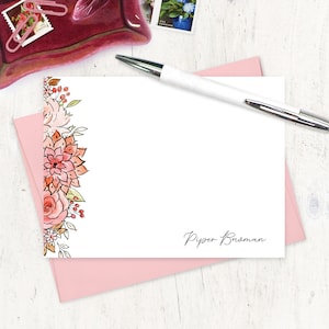 personalized note card set - PIPER&#39;S PINK GARDEN Watercolor Flowers - floral stationery pretty stationary gift - flat note cards set of 12