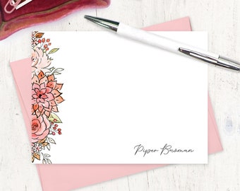 personalized note card set - PIPER'S PINK GARDEN Watercolor Flowers - floral stationery pretty stationary gift - flat note cards set of 12