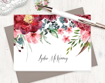 personalized stationery set - LYDIA'S GARDEN Watercolor Flowers - pretty burgundy pink blue floral stationary - folded note cards set of 8