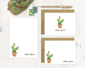 complete personalized stationery set - Watercolor CACTUS Houseplant in Terracotta Planter - succulents - note cards notepad stationary set