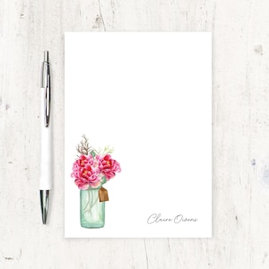 personalized notePAD - WATERCOLOR PEONIES in JAR - floral pink peony stationery pretty stationary letter writing paper - 50 sheet pad