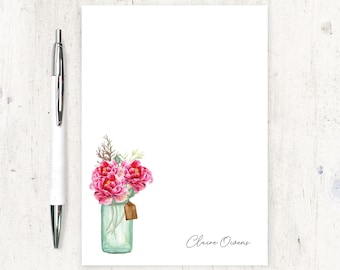 personalized notePAD - WATERCOLOR PEONIES in JAR - floral pink peony stationery pretty stationary letter writing paper - 50 sheet pad