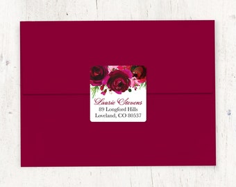 personalized return address LABEL - BURGUNDY and RED Watercolor Roses  - custom sticker square label - set of 48 labels