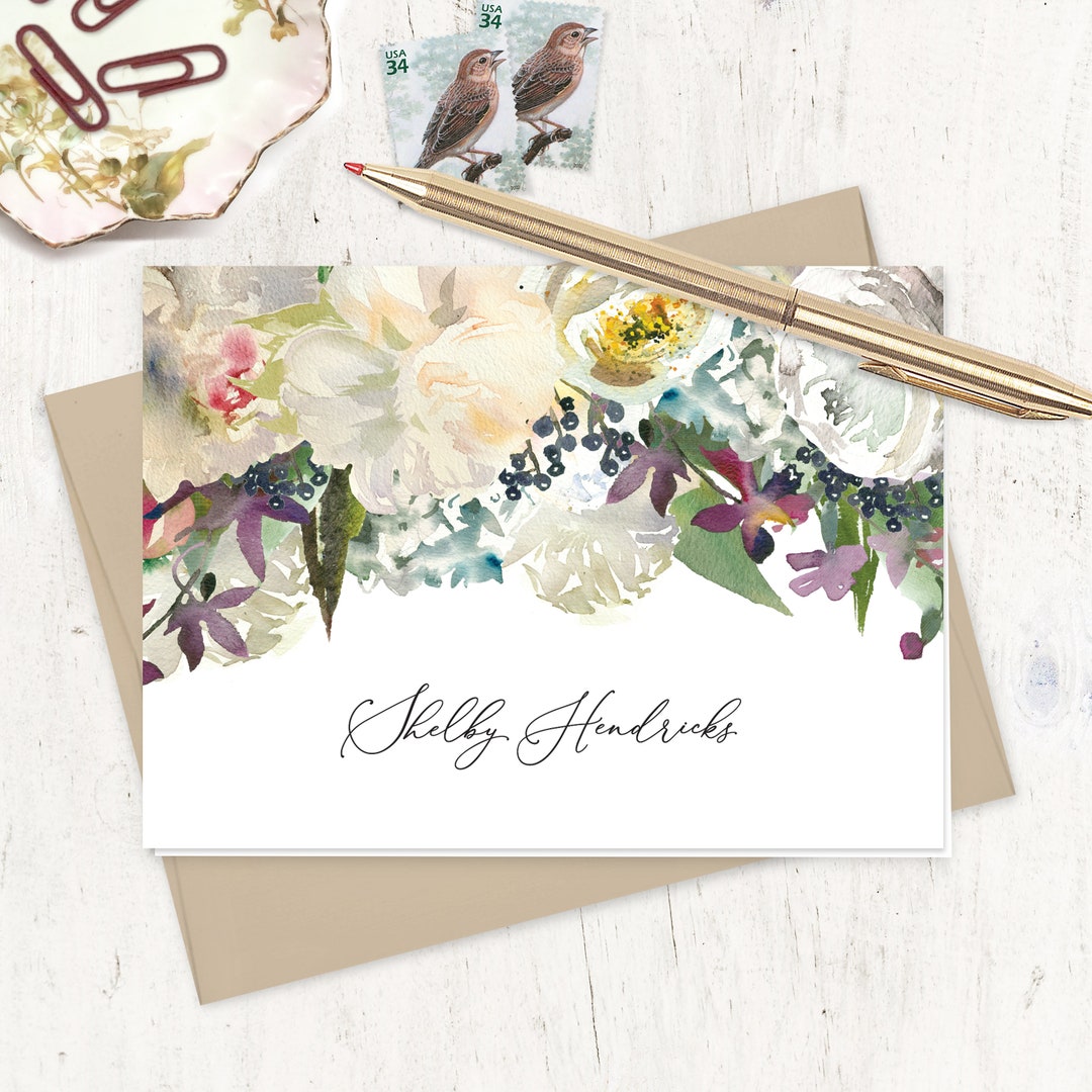Personalized Stationery Set - WINTER WHITE WATERCOLOR Flowers - Pretty ...