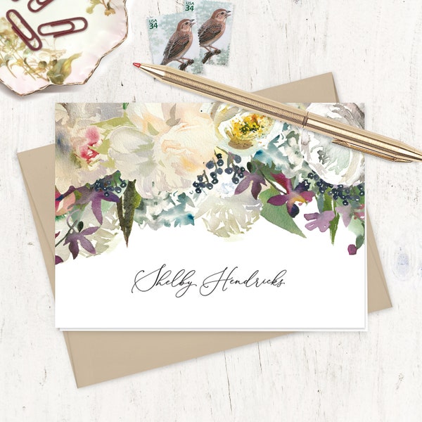 personalized stationery set - WINTER WHITE WATERCOLOR Flowers - pretty stationary flower cards - folded note cards set of 8