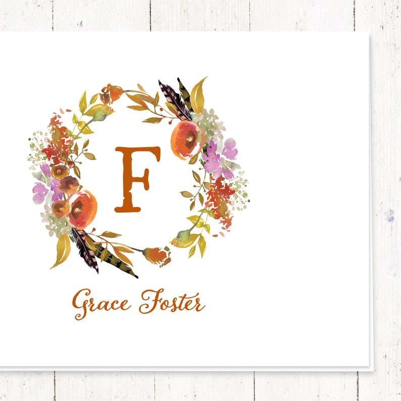 AUTUMN GARDEN Watercolor Floral Wreath MONOGRAM set of 8 folded cards personalized stationery set fall wreath cards stationary