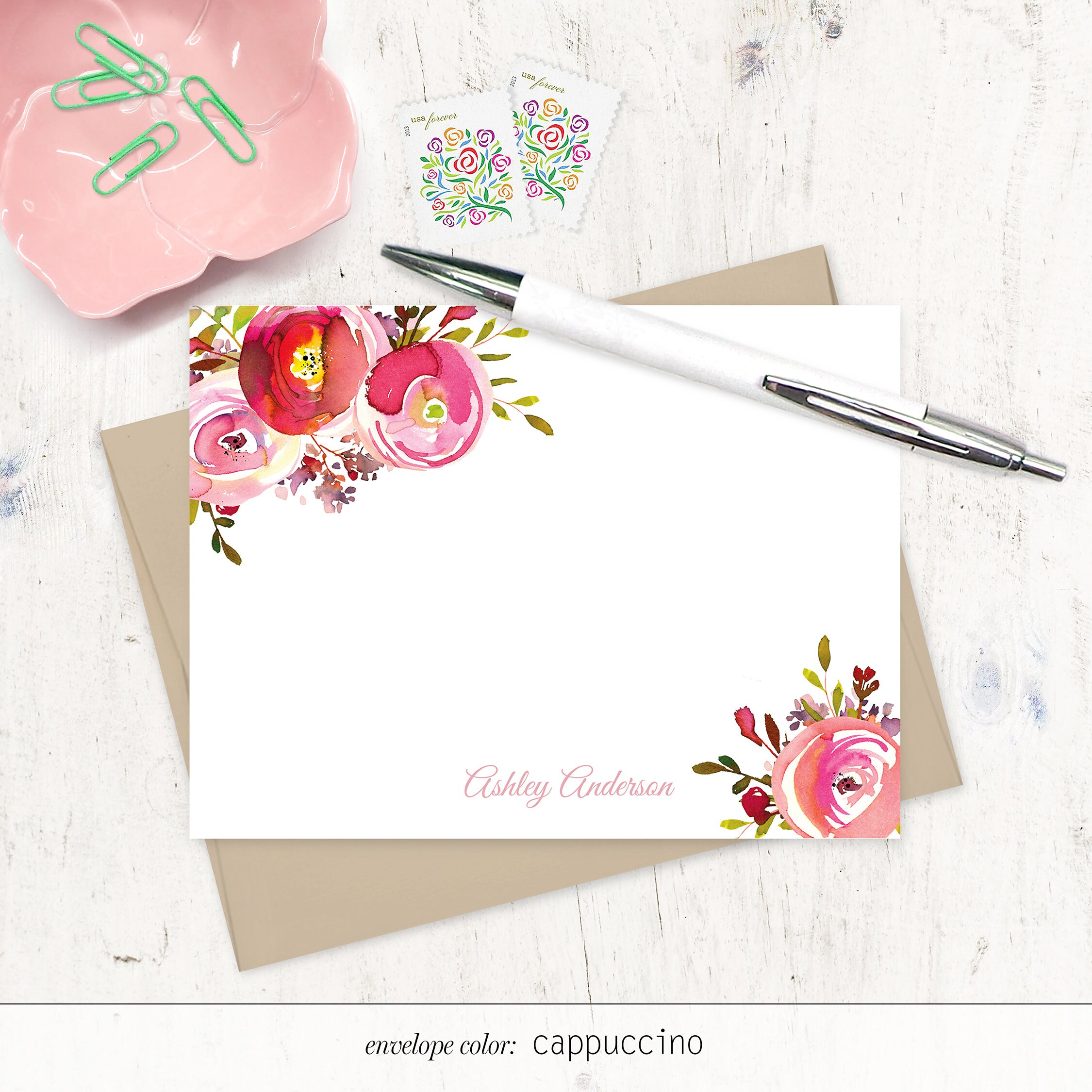 Personalized Note Card Set - PINK PEONIES WATERCOLOR Flowers- Floral ...